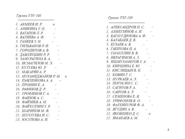 Группа ТЭТ-108 ────────────── 1. АКМЕЕВ И. Р. н 2. АНИКИНА