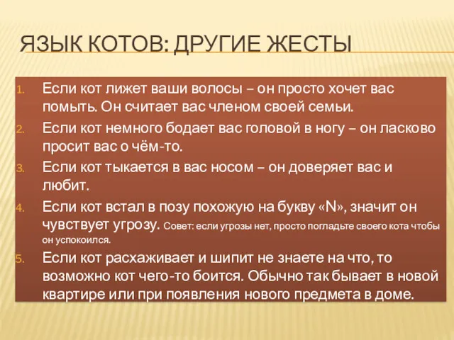 ЯЗЫК КОТОВ: ДРУГИЕ ЖЕСТЫ Если кот лижет ваши волосы –