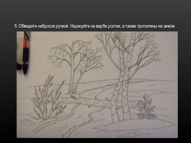 5. Обведите набросок ручкой. Нарисуйте на вербе ростки, а также проталины на земле