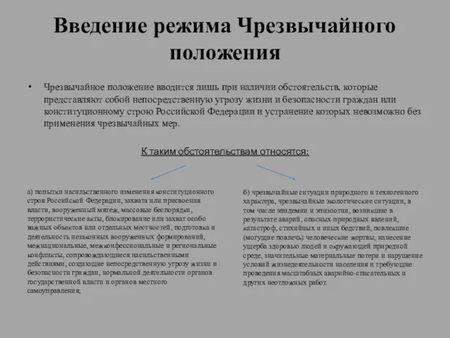 Введение режима Чрезвычайного положения Чрезвычайное положение вводится лишь при наличии