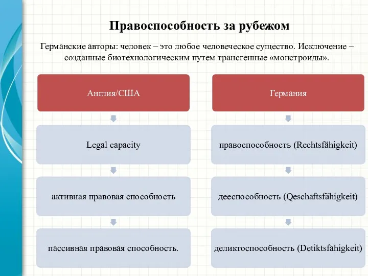 Правоспособность за рубежом Германские авторы: человек – это любое человеческое