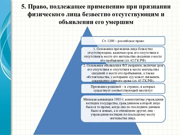 5. Право, подлежащее применению при признании физического лица безвестно отсутствующим и объявлении его умершим