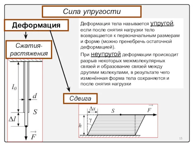 Деформация Сжатия- растяжения Сила упругости Сдвига Деформация тела называется упругой,