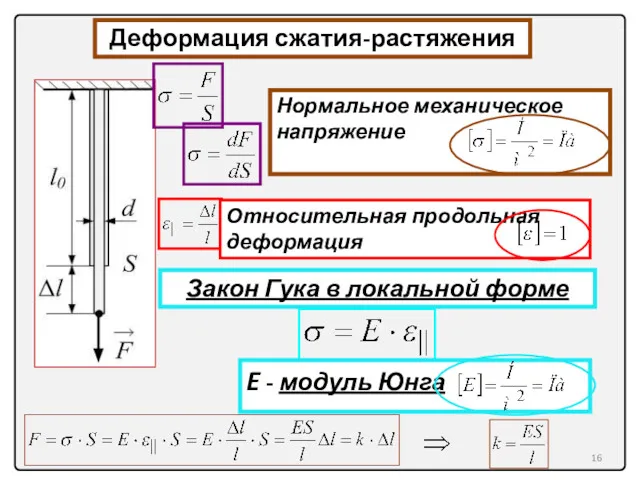 Деформация сжатия-растяжения Нормальное механическое напряжение Относительная продольная деформация Закон Гука