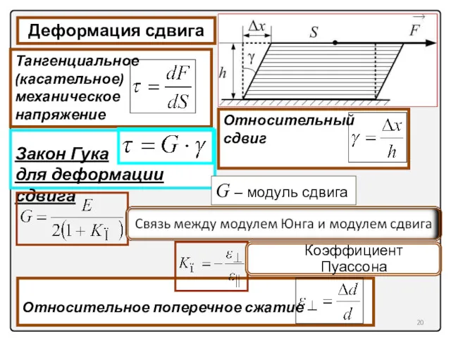 Относительное поперечное сжатие Деформация сдвига Тангенциальное (касательное) механическое напряжение Относительный