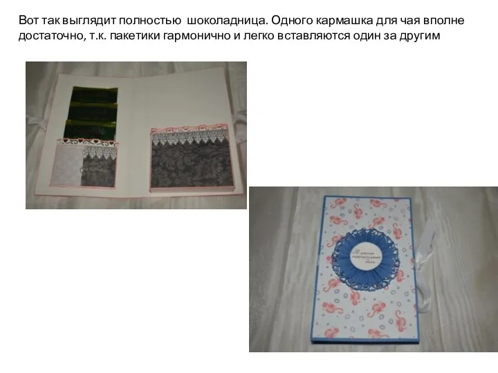 Вот так выглядит полностью шоколадница. Одного кармашка для чая вполне