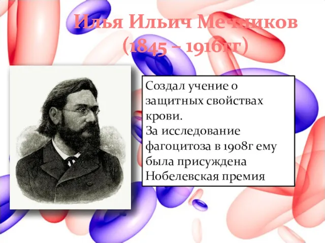 Илья Ильич Мечников (1845 – 1916гг) Создал учение о защитных