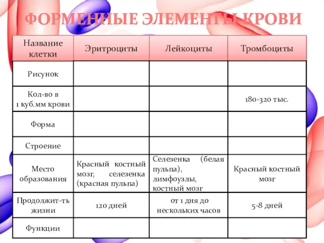 Кол-во в 1 куб.мм крови Эритроциты Лейкоциты Тромбоциты Форма Строение