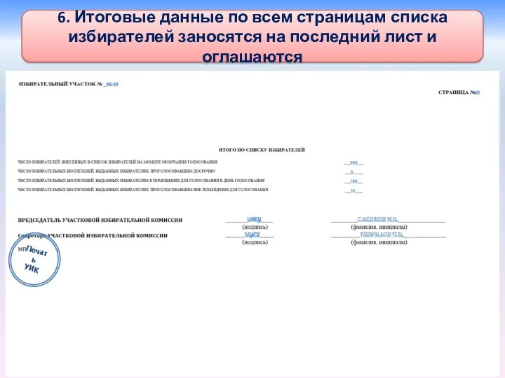 6. Итоговые данные по всем страницам списка избирателей заносятся на последний лист и оглашаются Печать УИК