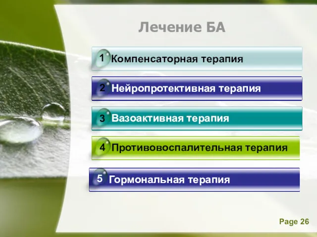 Лечение БА Компенсаторная терапия Нейропротективная терапия Вазоактивная терапия Противовоспалительная терапия