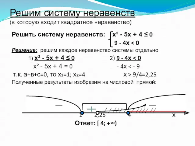 Решим систему неравенств (в которую входит квадратное неравенство) Решить систему