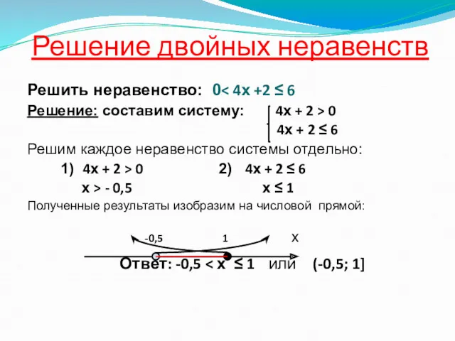 Решение двойных неравенств Решить неравенство: 0 Решение: составим систему: 4х