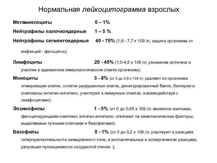 Нормальная лейкоцитограмма взрослых Метамиелоциты 0 – 1% Нейтрофилы палочкоядерные 1