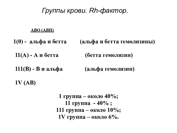 Группы крови. Rh-фактор. АВО (АВН) 1(0) - альфа и бетта