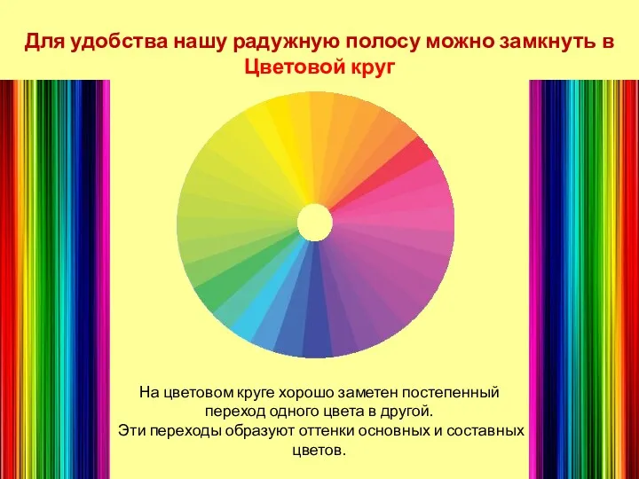 Для удобства нашу радужную полосу можно замкнуть в Цветовой круг На цветовом круге