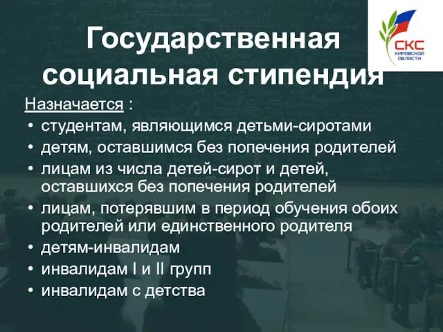 Государственная социальная стипендия Назначается : студентам, являющимся детьми-сиротами детям, оставшимся