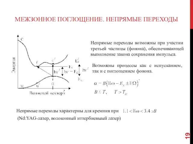 МЕЖЗОННОЕ ПОГЛОЩЕНИЕ. НЕПРЯМЫЕ ПЕРЕХОДЫ Непрямые переходы возможны при участии третьей