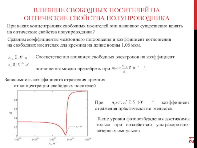 ВЛИЯНИЕ СВОБОДНЫХ НОСИТЕЛЕЙ НА ОПТИЧЕСКИЕ СВОЙСТВА ПОЛУПРОВОДНИКА При каких концентрациях