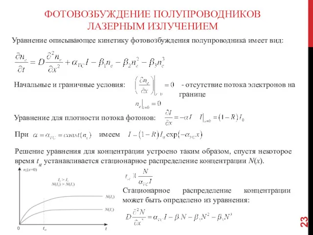 ФОТОВОЗБУЖДЕНИЕ ПОЛУПРОВОДНИКОВ ЛАЗЕРНЫМ ИЗЛУЧЕНИЕМ Уравнение описывающее кинетику фотовозбуждения полупроводника имеет