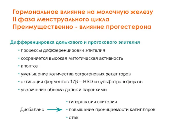 Гормональное влияние на молочную железу II фаза менструального цикла Преимущественно