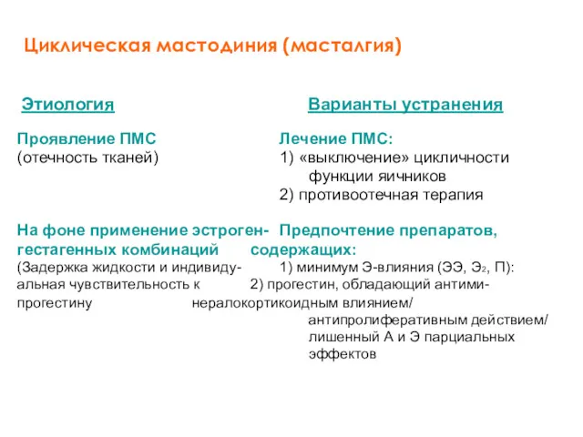 Проявление ПМС Лечение ПМС: (отечность тканей) 1) «выключение» цикличности функции