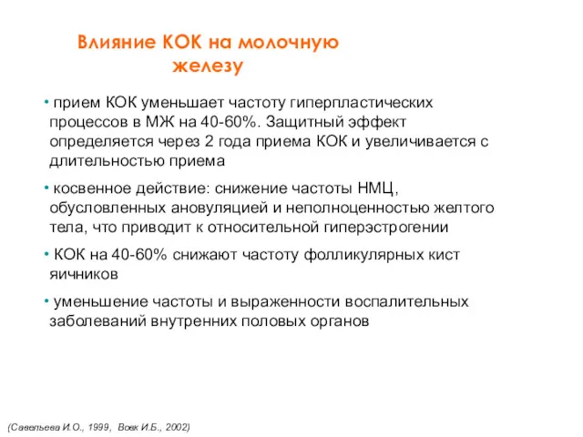 прием КОК уменьшает частоту гиперпластических процессов в МЖ на 40-60%.