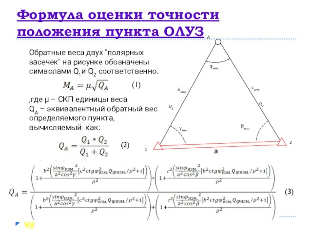 Формула оценки точности положения пункта ОЛУЗ Обратные веса двух "полярных засечек" на рисунке