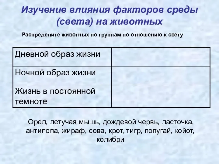 Изучение влияния факторов среды (света) на животных Распределите животных по