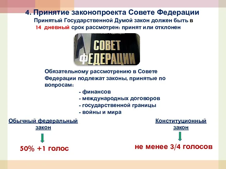 4. Принятие законопроекта Совете Федерации Принятый Государственной Думой закон должен быть в 14