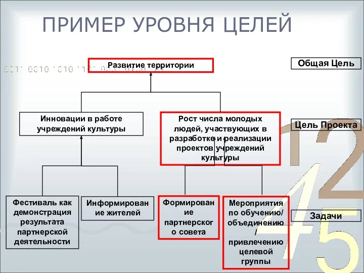 ПРИМЕР УРОВНЯ ЦЕЛЕЙ Общая Цель Цель Проекта Задачи Фестиваль как