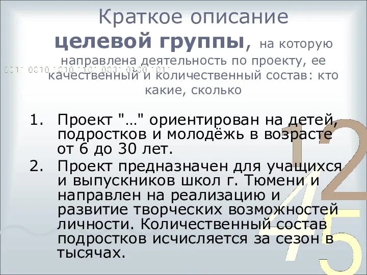 Краткое описание целевой группы, на которую направлена деятельность по проекту,