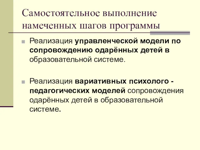 Самостоятельное выполнение намеченных шагов программы Реализация управленческой модели по сопровождению