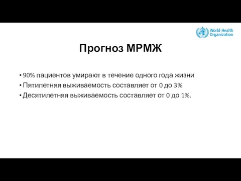 Прогноз МРМЖ 90% пациентов умирают в течение одного года жизни