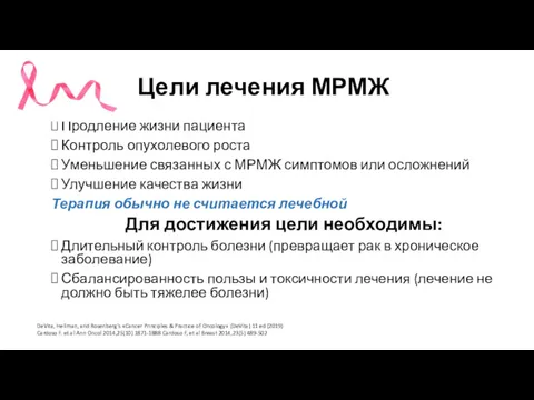 Цели лечения МРМЖ Продление жизни пациента Контроль опухолевого роста Уменьшение