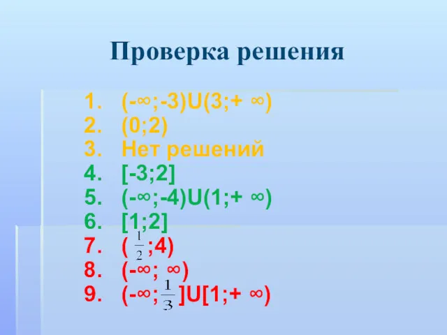 Проверка решения (-∞;-3)U(3;+ ∞) (0;2) Нет решений [-3;2] (-∞;-4)U(1;+ ∞)