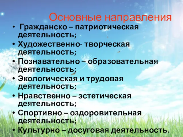 Основные направления Гражданско – патриотическая деятельность; Художественно- творческая деятельность; Познавательно – образовательная деятельность;