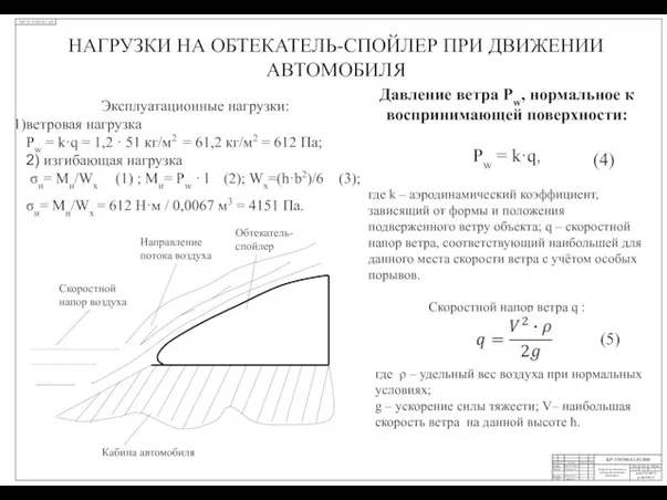 НАГРУЗКИ НА ОБТЕКАТЕЛЬ-СПОЙЛЕР ПРИ ДВИЖЕНИИ АВТОМОБИЛЯ Давление ветра Pw, нормальное