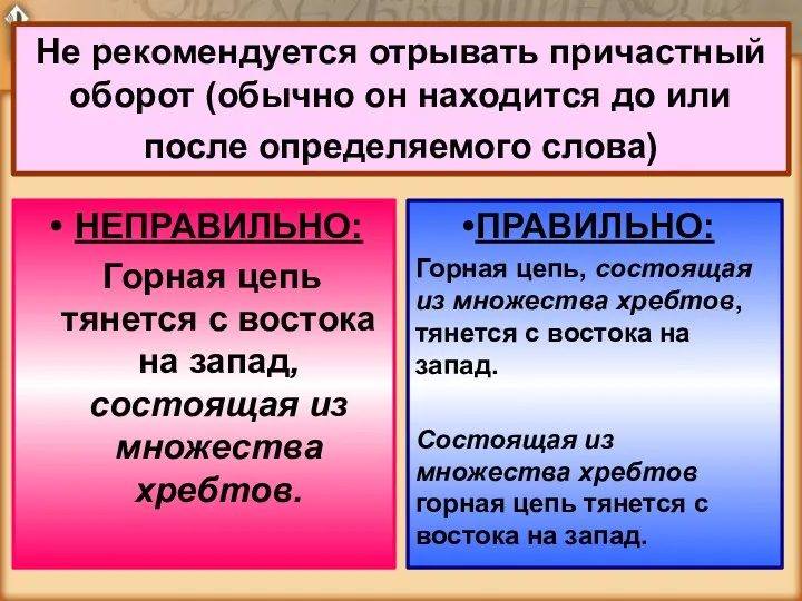 Не рекомендуется отрывать причастный оборот (обычно он находится до или