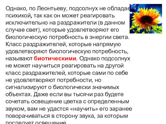 Однако, по Леонтьеву, подсолнух не обладает психикой, так как он