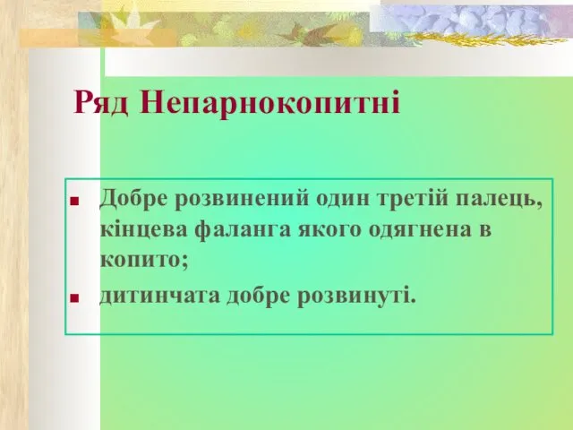 Ряд Непарнокопитні Добре розвинений один третій палець, кінцева фаланга якого одягнена в копито; дитинчата добре розвинуті.