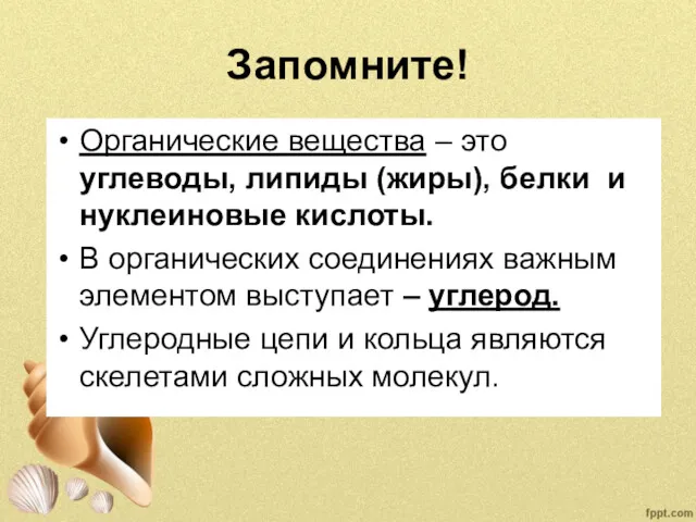 Запомните! Органические вещества – это углеводы, липиды (жиры), белки и