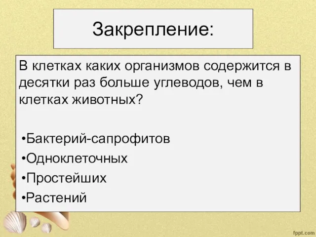 Закрепление: В клетках каких организмов содержится в десятки раз больше