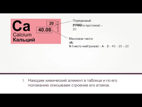 Находим химический элемент в таблице и по его положению описываем