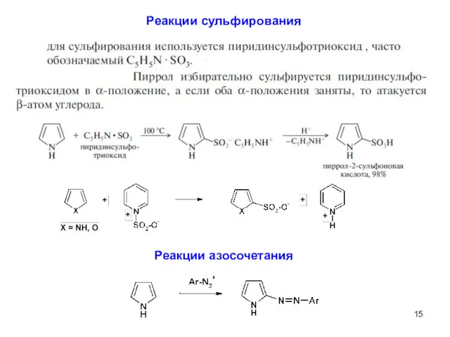 Реакции сульфирования Реакции азосочетания