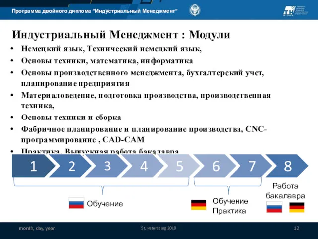 Индустриальный Менеджмент : Модули month, day, year Немецкий язык, Технический