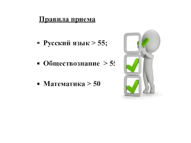 Русский язык > 55; Обществознание > 55; Математика > 50 Правила приема