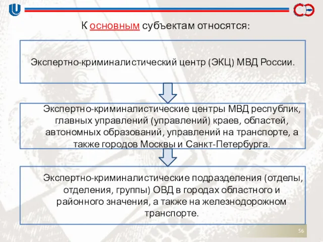 К основным субъектам относятся: Экспертно-криминалистический центр (ЭКЦ) МВД России. Экспертно-криминалистические