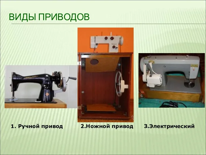 ВИДЫ ПРИВОДОВ 1. Ручной привод 2.Ножной привод 3.Электрический