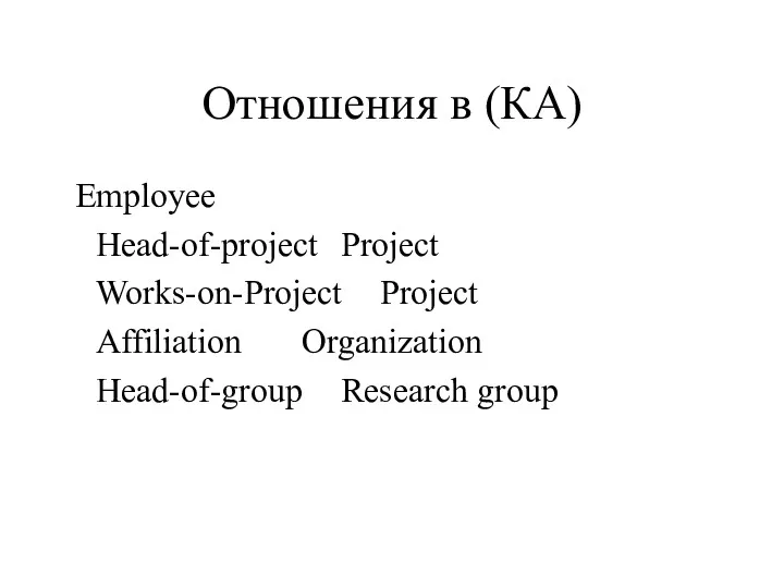 Отношения в (КА) Employee Head-of-project Project Works-on-Project Project Affiliation Organization Head-of-group Research group