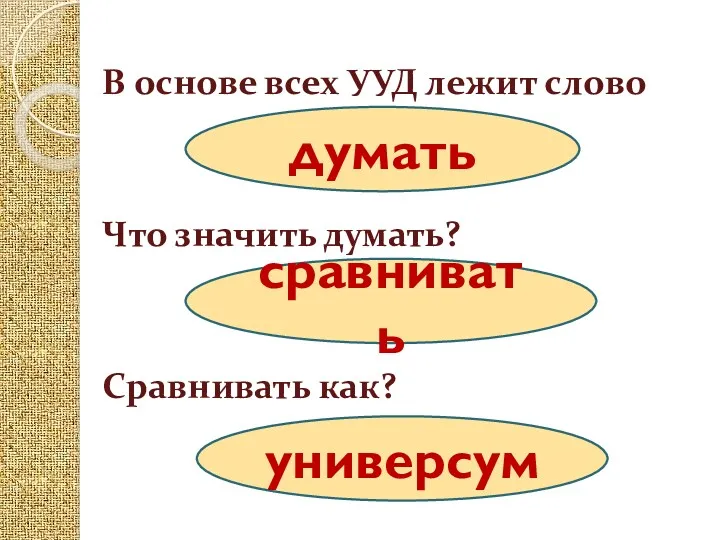 В основе всех УУД лежит слово сравнивать Что значить думать? думать Сравнивать как? универсум